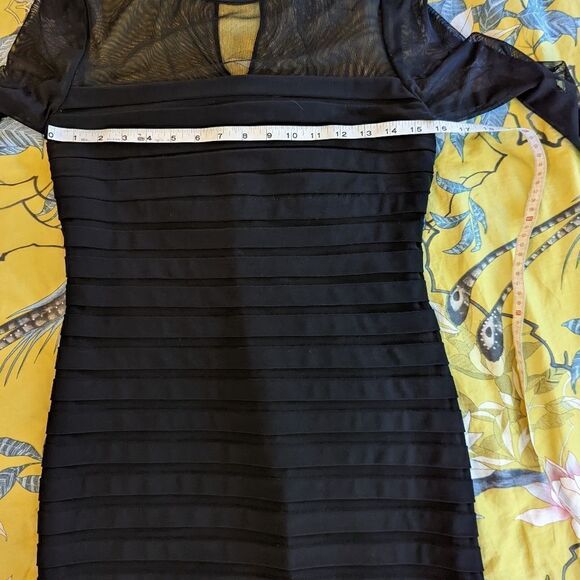 ADRIANNA papell bodycon stretch knit dress illusion mesh neckline black euc sz m - Picture 3 of 6